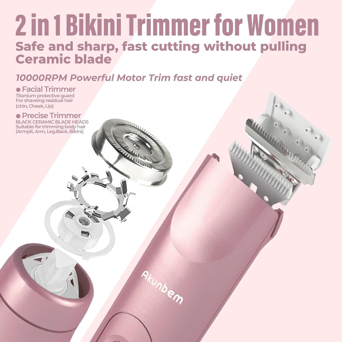 Akunbem Bikini Trimmer for Women, 2-in-1 Body and Facial Epilator